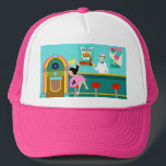 Casquette Chapeau de camion de fontaine Soda Retro<br><div class="desc">Servez quelque chose de spécial avec ce chapeau Retro Soda Fountain Trucker. L'art minimaliste, dessin animé, présente l'intérieur du lieu le plus frais de la ville. C'est une fontaine de soda des années 50, dans toute sa gloire kitsch ! Sur fond de mur d'aqua, on peut voir des affiches annonçant...</div>