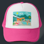 Casquette Chapeau du Trucker de la partie de la piscine gay<br><div class="desc">Ce design de Trucker Hat Retro Gay Pool Party présente quatre beefcakes à l'ancienne, gais, qui battent la chaleur de Palm Springs en se prélassant autour de l'eau bleu turquoise de leur piscine en forme de boomerang atomique. L'architecture moderne du milieu du siècle sur la fabuleuse maison en pierre orange...</div>