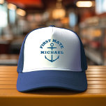 Casquette Chapeau personnalisé First Mate bateau ancre bleu<br><div class="desc">Chapeau de bateau personnalisé avec une ancre marine bleu marine indiquant FIRST MATE et votre nom personnalisé. Cadeau idéal pour une excursion en bateau,  votre propre voilier,  yacht ou équipage de bateau de famille.</div>