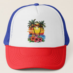 Casquette Chapeau Tropical Sunset - Palmiers & Hibiscu