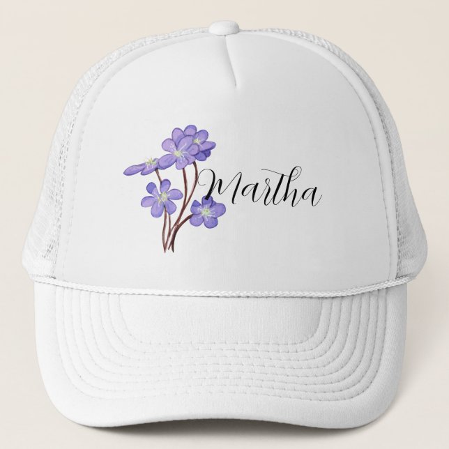Casquette Chapeau Trucker à fleurs aquarelle lilac avec nom (Devant)