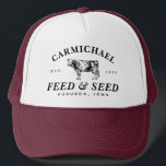 Casquette Chapeau Vintage Farmhouse Style Feed Trucker<br><div class="desc">La typographie classique et la gravure vintage de vaches laitières vous aident à créer votre propre chapeau de camionneur vintage à l'alimentation animale et à la ferme de semences. Personnalisez le texte de nom arché, l'année et l'emplacement pour un véritable cadeau d'une nature à l'agriculteur sérieux ou hobby dans votre...</div>
