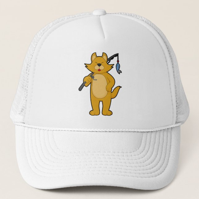 Casquette Chat à la pêche avec canne à pêche et poisson (Devant)