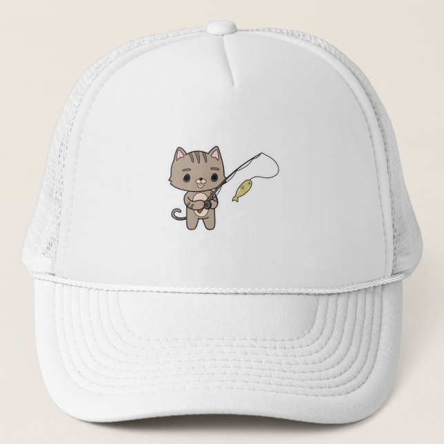 Casquette Chat à la pêche avec une canne à pêche (Devant)