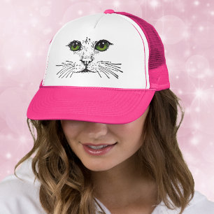 Casquette Chat au visage aux yeux verts et moustaches