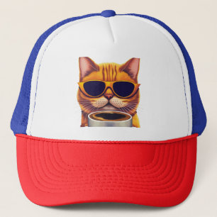 Casquette chat avec lunettes boire du café
