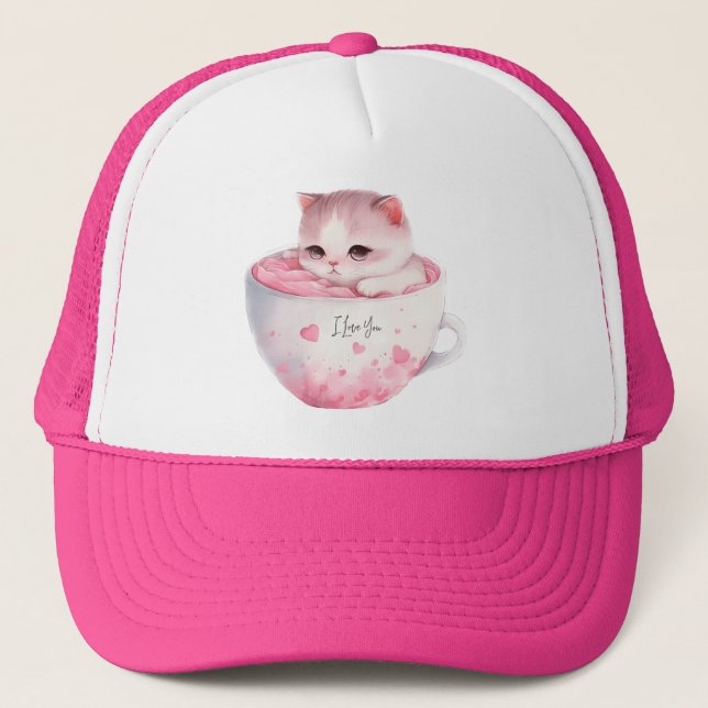 Casquette Chat blanc-rose mignonne dans une tasse de thé (3) (Devant)