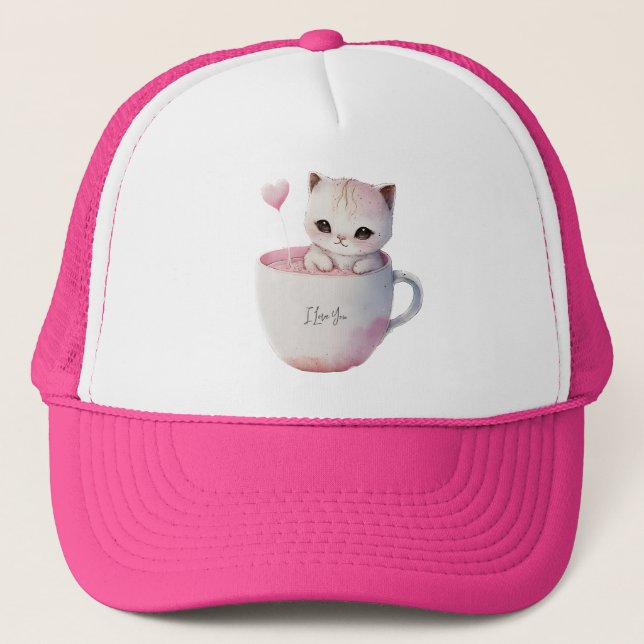 Casquette Chat blanc-rose mignonne dans une tasse de thé (4) (Devant)