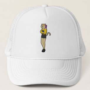 Casquette Chat en tant que secrétaire avec portable et télép