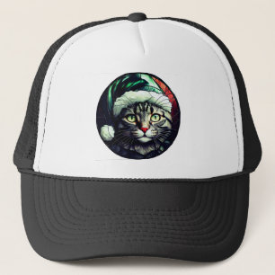 Casquette Chat Gris Tabby à Chapeau Vert en Vitrail pour Noë