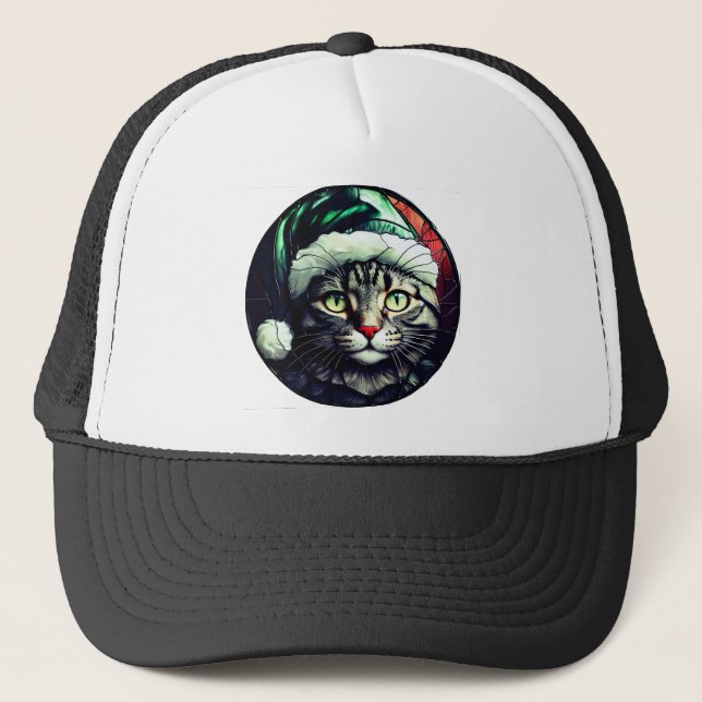 Casquette Chat Gris Tabby à Chapeau Vert en Vitrail pour Noë (Devant)