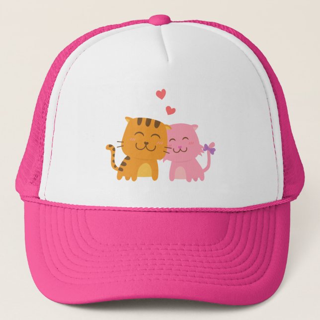 Casquette Chat mignon orange et rose en amour (Devant)
