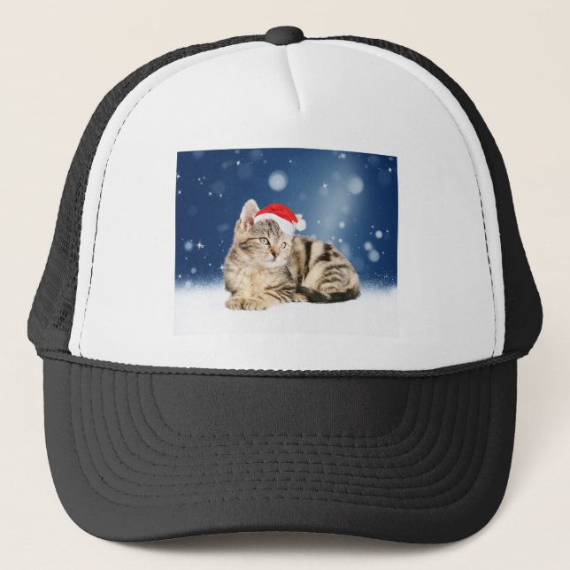 Casquette Chat mignon portant chapeau de Noël rouge neige (Devant)