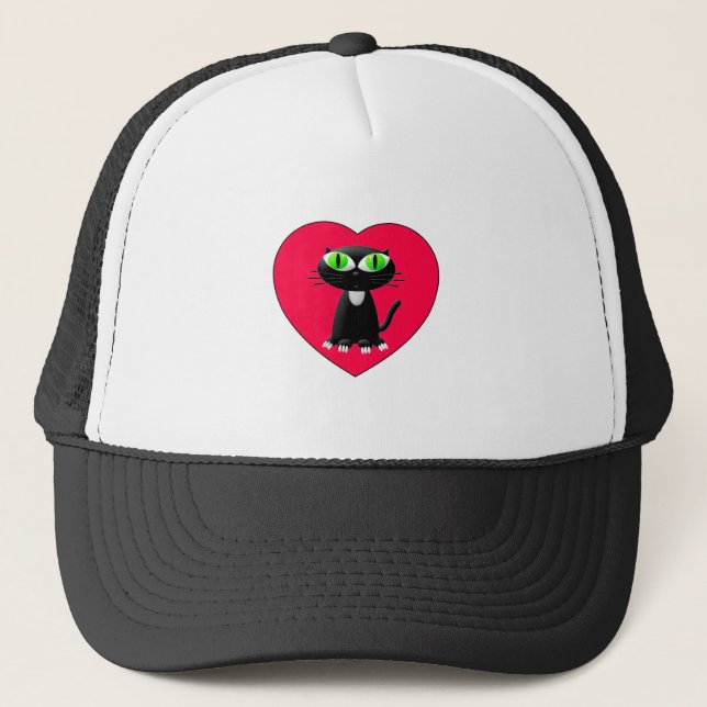 Casquette Chat noir dans le coeur rouge (Devant)