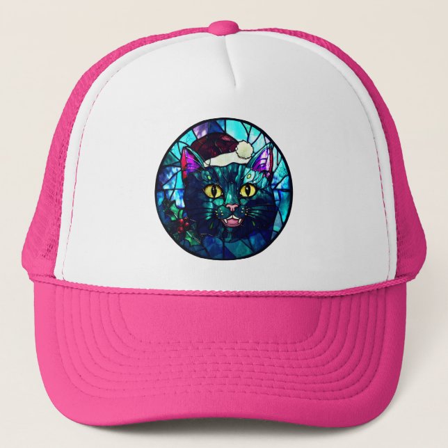 Casquette Chat noir de Noël en vitrail qui miaule (Devant)