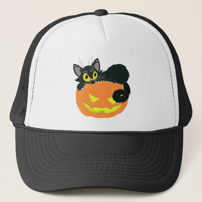 Casquette Chat noir d'Halloween et Citrouille (Devant)