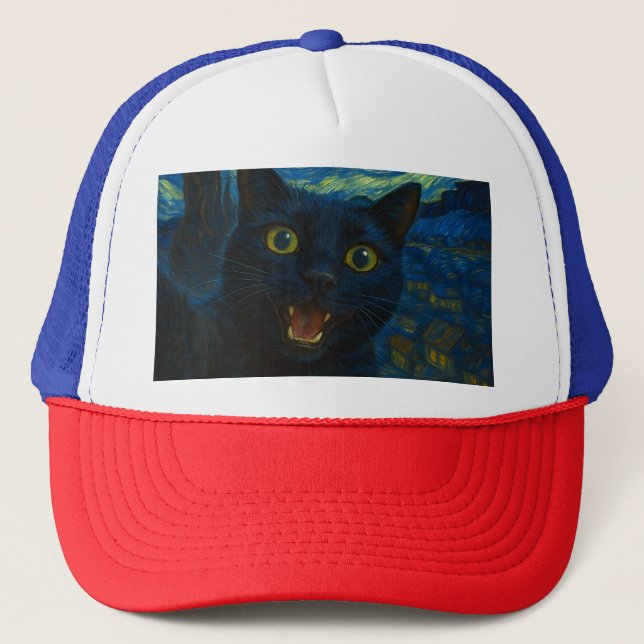 Casquette Chat noir Starry Nuit Van Gogh Chat Selfie (Devant)