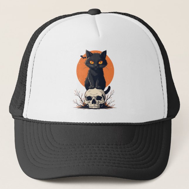 Casquette Chat noir sur le crâne Halloween (Devant)