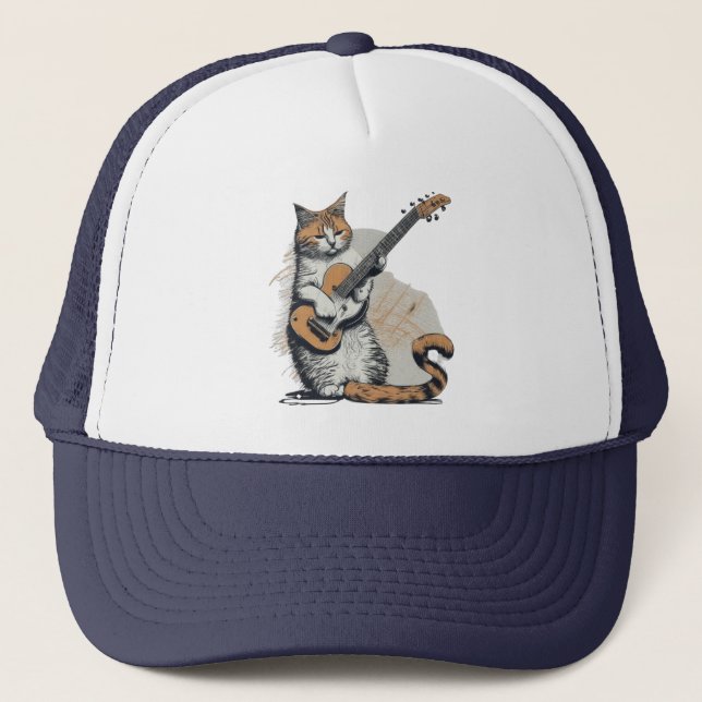 Casquette Chat orange cool qui joue de la guitare (Devant)