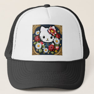 Casquette Chat Retro Kawaii en cadre or avec Fleurs