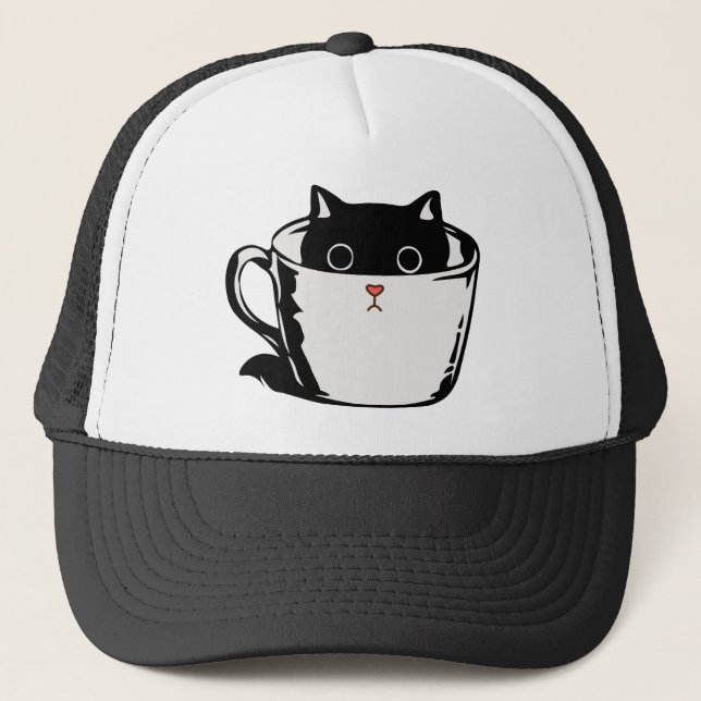 Casquette Chaton noir avec nez rouge caché dans une tasse (Devant)