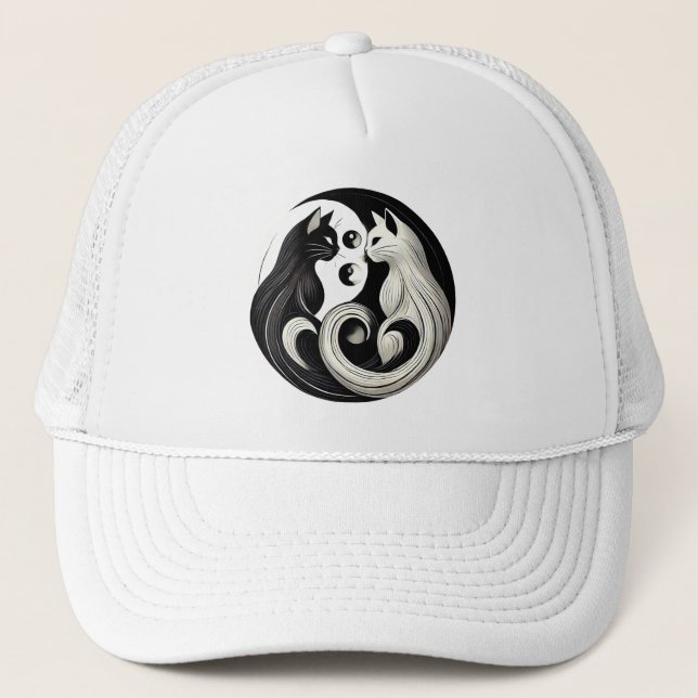 Casquette Chats Yin-Yang noirs et blancs abstraits (Devant)