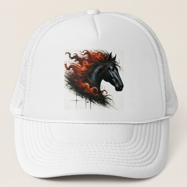 Casquette Cheval noir avec crinière enflammée (Devant)