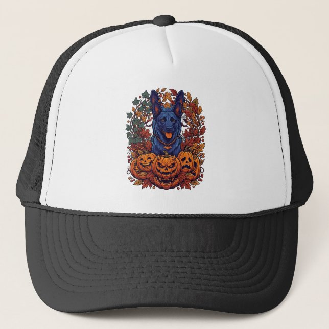 Casquette Chiens Pitbull Bleus Citrouilles Halloween Feuille (Devant)