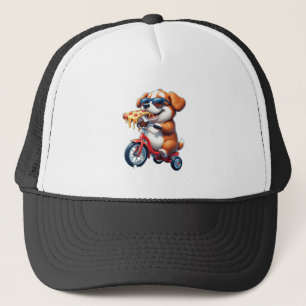 Casquette chiot faisant du vélo en mangeant de la pizza
