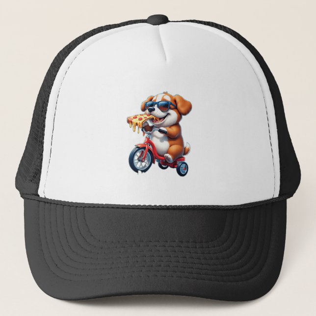 Casquette chiot faisant du vélo en mangeant de la pizza (Devant)