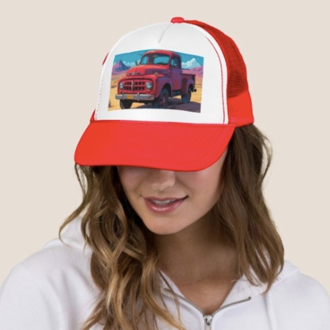 Casquette Classique camionnette américaine  (Retro Red Pickup Truck Desert Hat – Vintage 50s Trucker Cap Southwest Mens Women's Unisex Gift
)