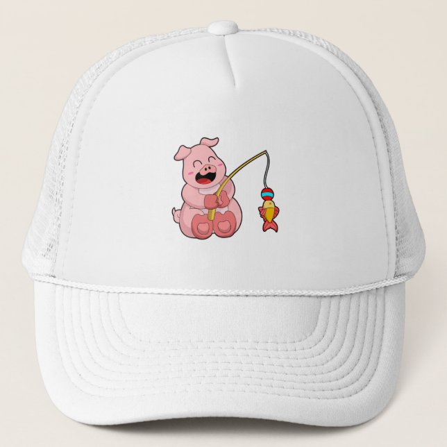 Casquette Cochon à la pêche avec poisson (Devant)