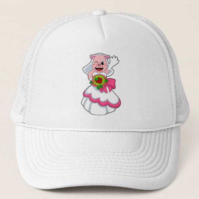 Casquette Cochon avec robe de mariée et bouquet de fleurs (Devant)