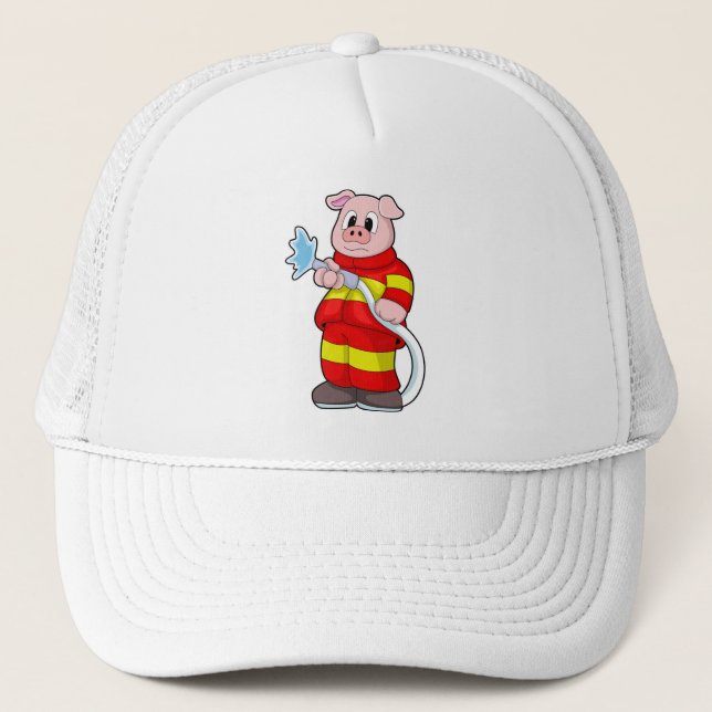 Casquette Cochon comme pompier avec tuyau (Devant)