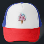 Casquette Cône rose Sakura crème glacée gaufre<br><div class="desc">Cône gaufre douce avec fleurs de cerisier japonais rose frais sur arrière - plan blanc avec stries d'aquarelle bleue. Cerise japonaise rose.</div>