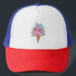 Casquette Cône rose Sakura crème glacée gaufre<br><div class="desc">Cône gaufre douce avec fleurs de cerisier japonais rose frais sur arrière - plan blanc avec stries d'aquarelle bleue. Cerise japonaise rose.</div>