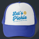 Casquette Cool Retro Pickle Personnalisé Pickleball<br><div class="desc">Super fun pickleball casquette avec "Let's Pickle" dans une police bleue cool et votre texte personnalisé. Ajoutez un nom de joueur, un nom de club de pickleball, un dicton amusant, etc. Fait le cadeau/souvenir parfait pour toute fête de pickleball ou tournoi ou événement spécial de pickleball. Obtenez des casquettes correspondants...</div>