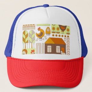 Casquette Coq, poules, dessin géométrique floral.