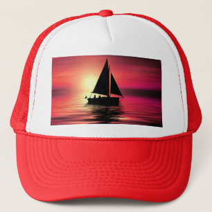 Casquette Coucher de soleil, Bateau à voile dans la mer-3918