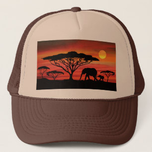 Casquette Coucher de soleil éléphant et bébé et Serengeti