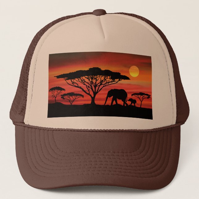 Casquette Coucher de soleil éléphant et bébé et Serengeti (Devant)