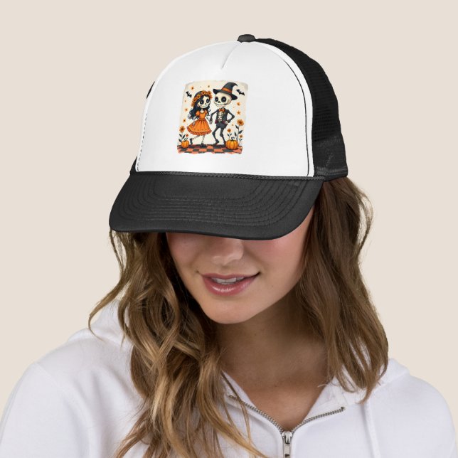 Casquette Couple de squelette d'Halloween mignon en orange (En situation)