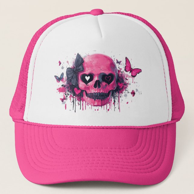 Casquette Crâne rose avec papillons et coeurs (Devant)
