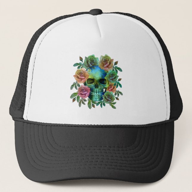 CASQUETTE CRÂNE VERT DE LA MORT AVEC FLEURS (Devant)