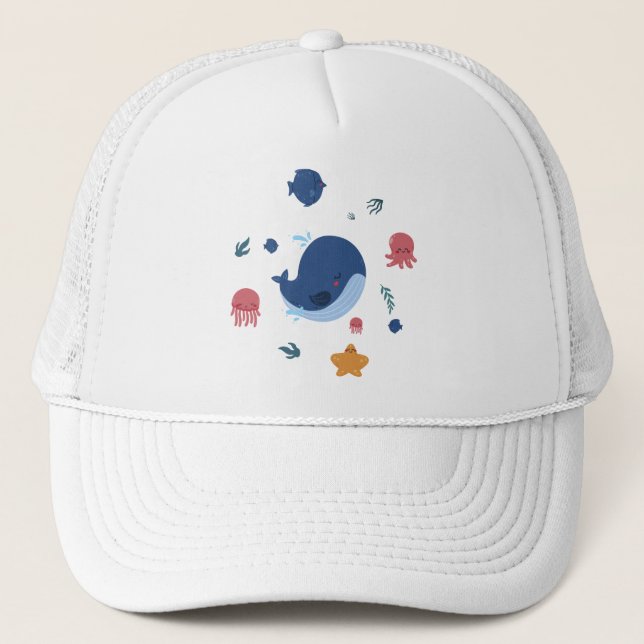 Casquette Créatures Marines Mignonnes Bébé | Baleine Méduse  (Devant)