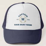 Casquette Custom Boat Captain Monogram Gold Laurel Nautical<br><div class="desc">Custom modern vintage boat hat with cool navy blue nautical lettering reading CAPTAIN,  your monogram in a printed golden laurel,  and your personalized boat name. Great gift for a boating trip,  your own sailboat,  yacht,  or boat crew.</div>