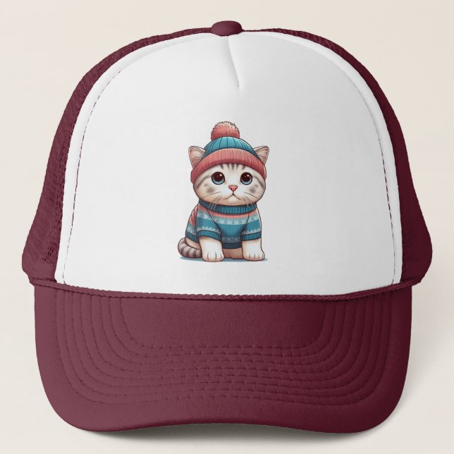 Casquette Cute Chat en pull et beanie (Devant)