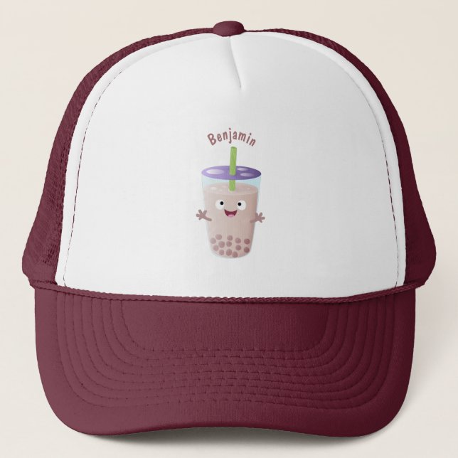 Casquette Cute happy bubble tea boba cartoon character (Devant)