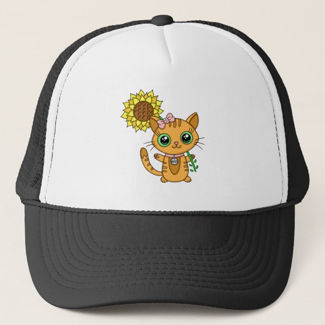Casquette Cute Orange Kawaii Chat avec tournesol (Devant)