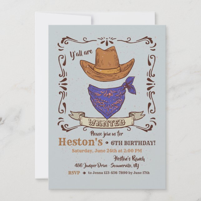 Casquette de cowboy et Bandana Bleue 2 Invitation (Devant)